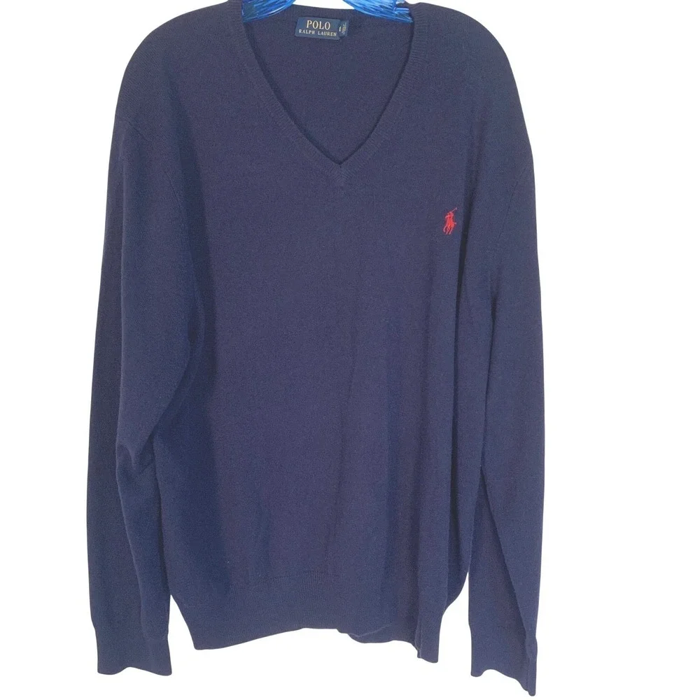 Polo Ralph Lauren XXL Sweater Navy Excellent V-Neck Merino Wool Italian Red Pony